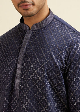 alt message - Manyavar Men Dark Blue Jaal Patterned Kurta Set image number 1